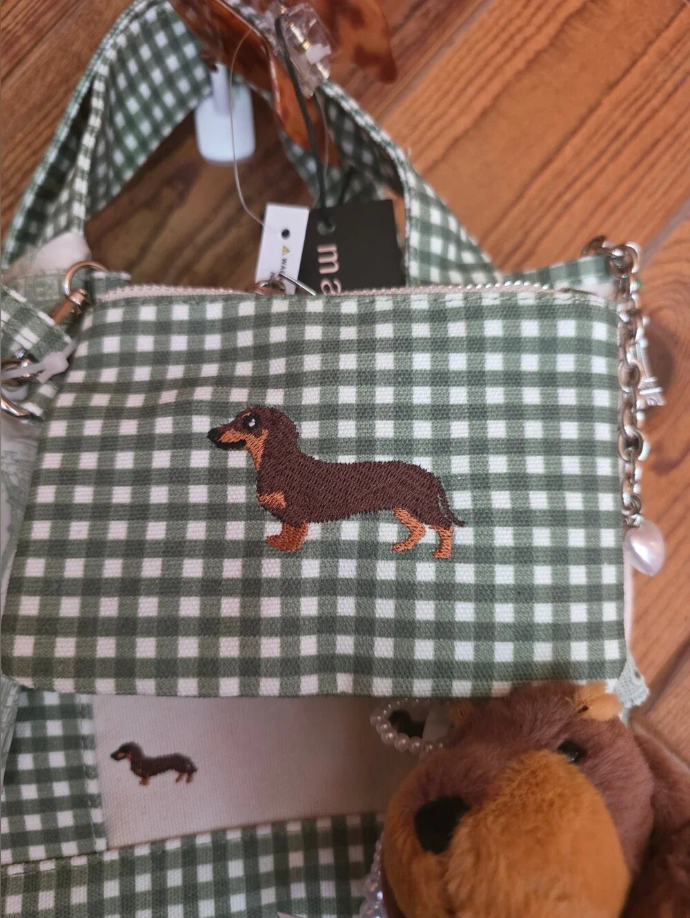 Madden Girl Dachshund Gingham Small Tote Bag w/ Coin Pouch/Dog Charm/ Scarf NWT